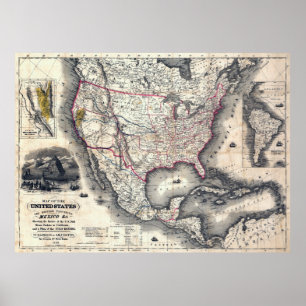 FÖRENADE STATER KALIFORNIA GULD RUSH KARTA 1849 POSTER