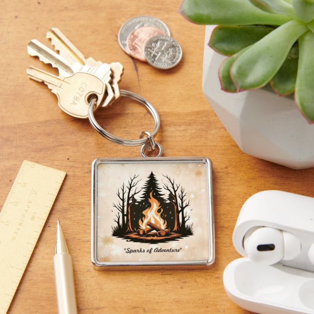 förenklad Campfire Art Fyrkantig Silverfärgad Nyckelring (Skrivbord)