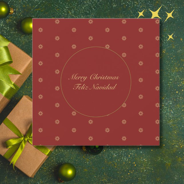 Förenklad röd och gyllene jul Bilingual Julkort (Spanish Christmas card red, custom family name, text & bilingual text.)