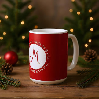 Förenklade Snöflingor Glad helg Red Monogram Kaffemugg