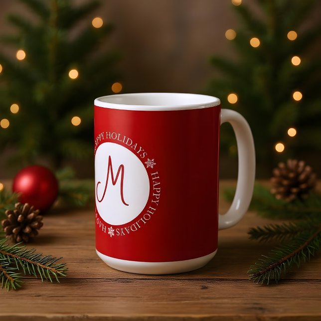 Förenklade Snöflingor Glad helg Red Monogram Kaffemugg (Skapare uppladdad)