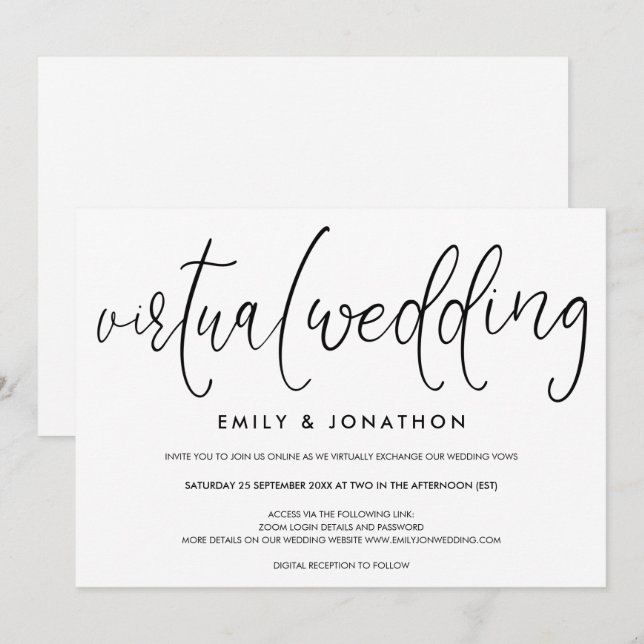 Förenklat typografiskt skript Virtuella Bröllop Inbjudningar (Fram/baksida)