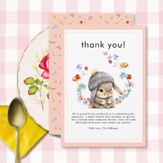 Forest Animal Bunny Botanical 1st Birthday  Tack Kort