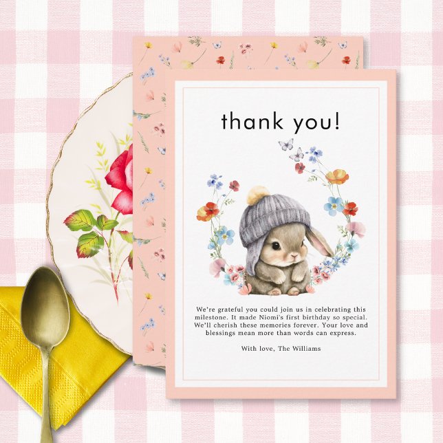Forest Animal Bunny Botanical 1st Birthday  Tack Kort (Forest Animal Bunny Botanical 1st Birthday Thank You Card 2)