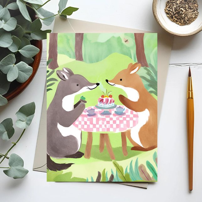 Forest Animal Picnic | Whimsisk vattentorlek på Cu Vykort (Skapare uppladdad)