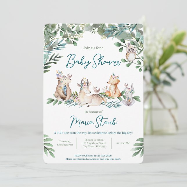 Forest Animal Woodland Baby Shower Invitation Inbjudningar (Stående Fram)