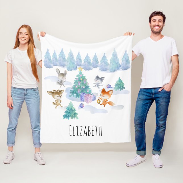 Forest Animals Dancing Around Julgran Fleecefilt (På plats)