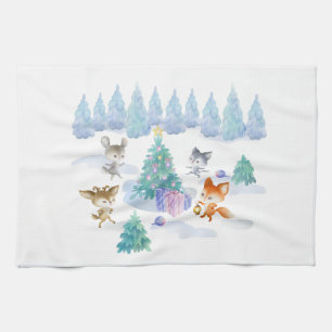Forest Animals Dancing Around Julgran Kökshandduk