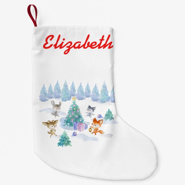 Forest Animals Dancing Around Julgran Liten Julstrumpa (Framsidan)