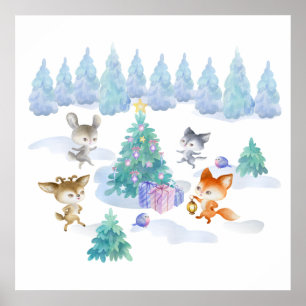 Forest Animals Dancing Around Julgran Poster