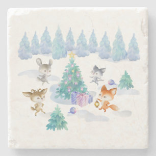 Forest Animals Dancing Around Julgran Stenunderlägg