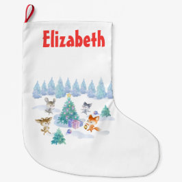 Forest Animals Dancing Around Julgran Stor Julstrumpa