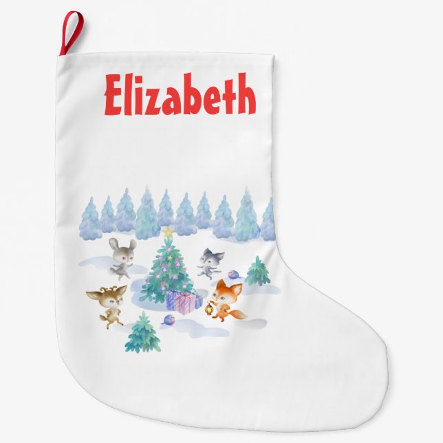 Forest Animals Dancing Around Julgran Stor Julstrumpa (Framsidan)