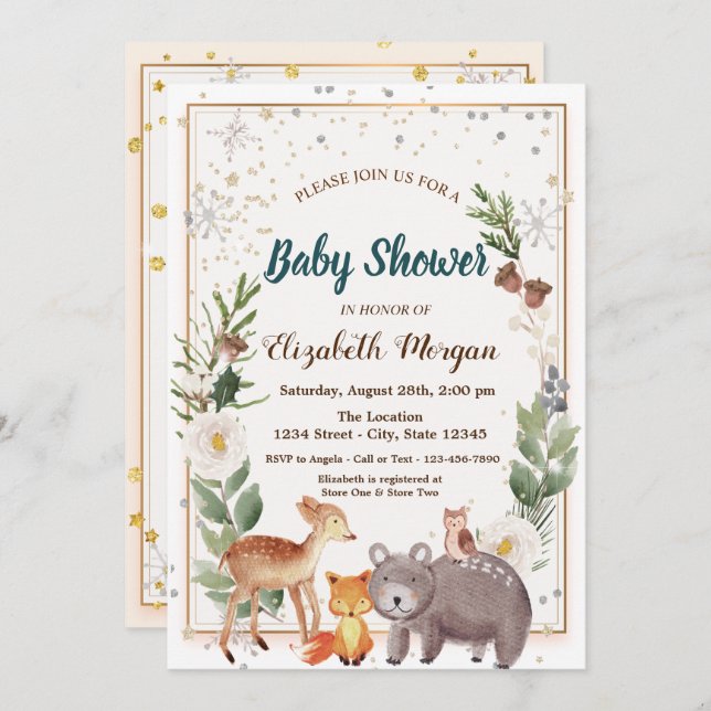 Forest Animals Snöflingor Baby Shower Inbjudningar (Fram/baksida)
