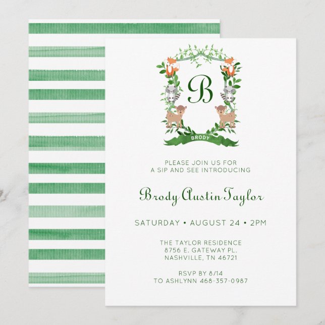 Forest Animals Vapensköld Boy Sip och se inbjudan (Fram/baksida)