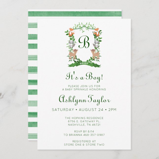 Forest Animals Vapensköld Det är en Boy Baby Sprin Inbjudningar (Fram/baksida)