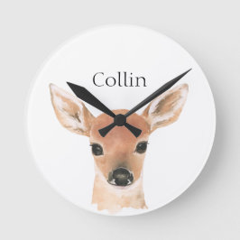 Forest Animals Watercolor Hjort Namn Nursery Rund Klocka