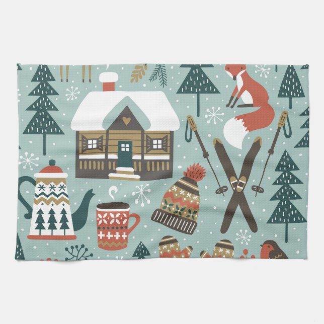 Forest Animals: Winter Vintage Seamless. Kökshandduk (Horisontell)