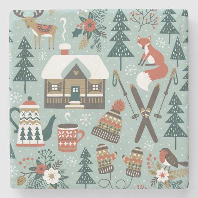 Forest Animals: Winter Vintage Seamless. Stenunderlägg (Framsidan)
