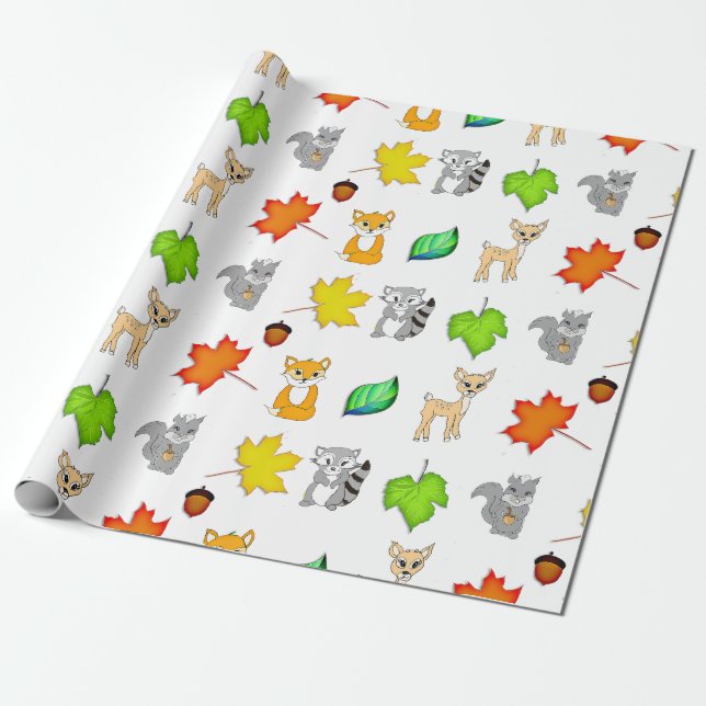 Forest Animals Woodland Creatures Fox, Raccoon Presentpapper (Utrullad)