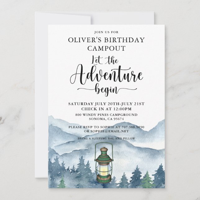 Forest Äventyr börjar Campins Birthday Inbjudningar (Framsida)
