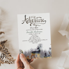 Forest Äventyr Boy Watercolor Hjort Baby Shower Inbjudningar