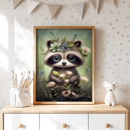 Forest Baby Raccoon Flower | Skriv ut rackosmur Poster