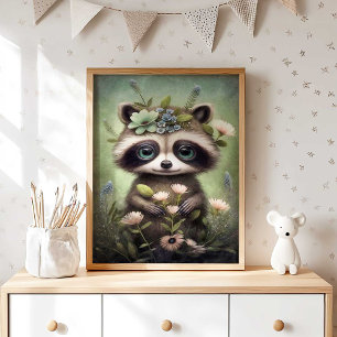 Forest Baby Raccoon Flower Skriv ut rackosmur Poster