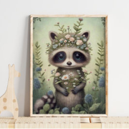 Forest Baby Raccoon Flower | Skriv ut rackosmur Poster