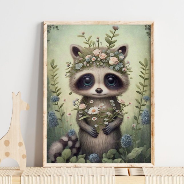 Forest Baby Raccoon Flower | Skriv ut rackosmur Poster (Skapare uppladdad)