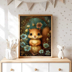 Forest Baby Squirrel Flower Tryckning av ekorrvä Poster