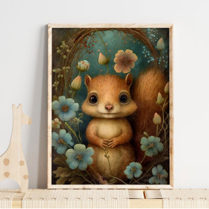 Forest Baby Squirrel Flower   Tryckning av ekorrvä Poster