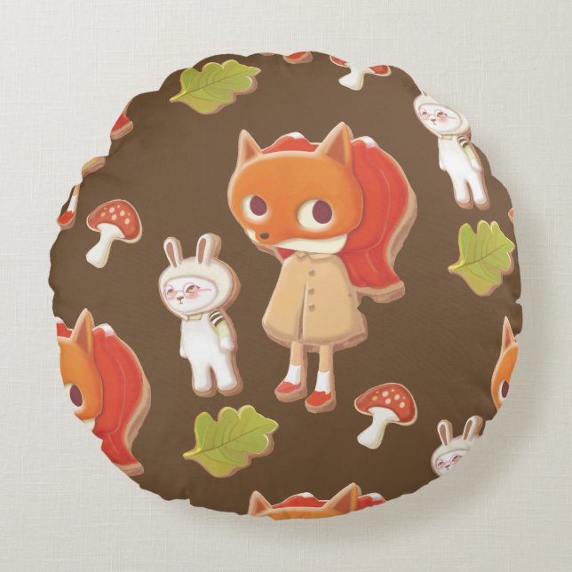 Forest Bakery: Fox Girl & Animal Cookies Mönster Rund Kudde (Framsidan)