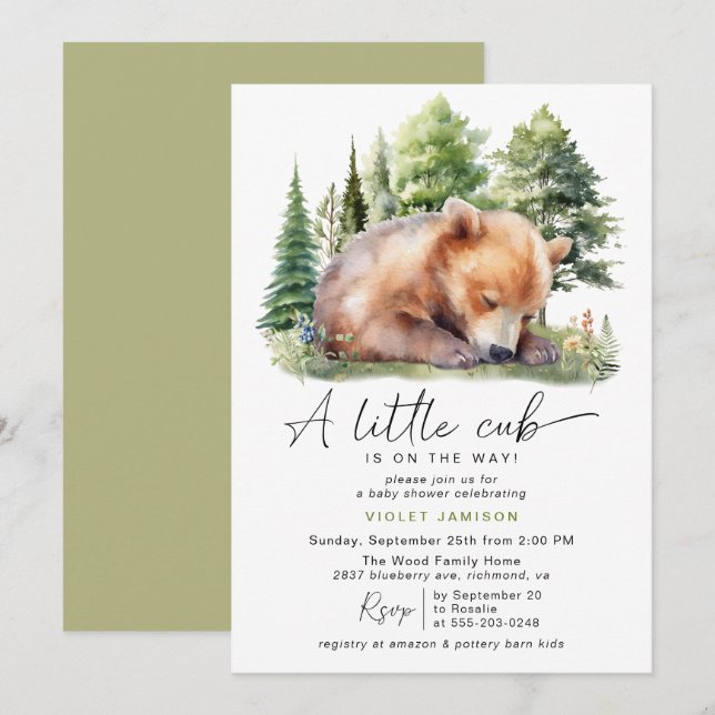 Forest Bear Unge | Neutralt Woodland Baby Shower Inbjudningar (Fram/baksida)