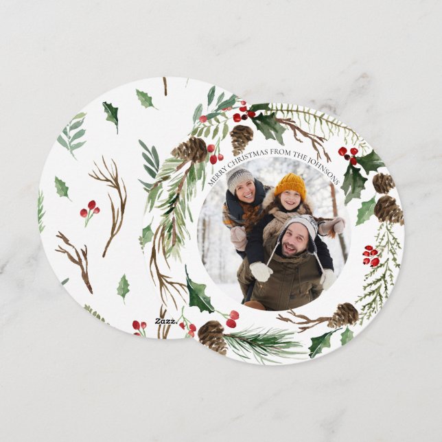 Forest Berry Pinecone Round Photo Julkort (Fram/baksida)