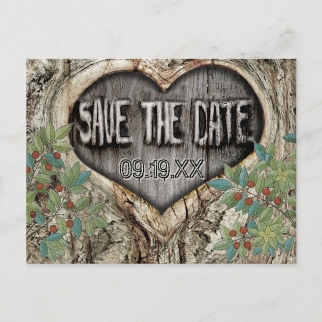 Forest Bröllop Rustic Heart i Träd Spara datumet Meddelande Vykort (Framsida)