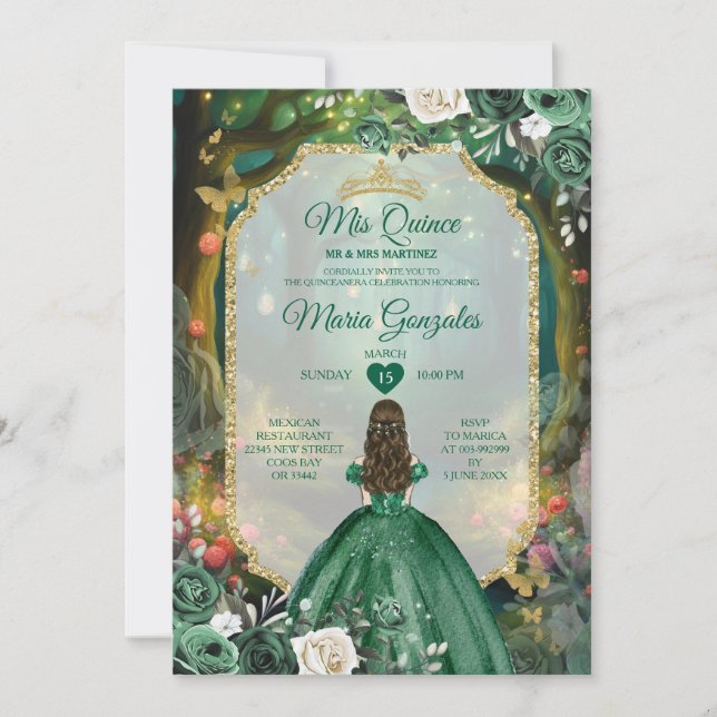 Forest Emerald Grönt Quinceañera Inbjudningar (Framsida)