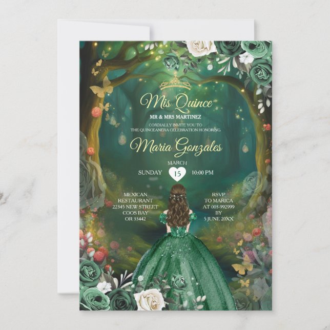 Forest Enchanted Emerald Grönt Quinceañera Inbjudningar (Framsida)