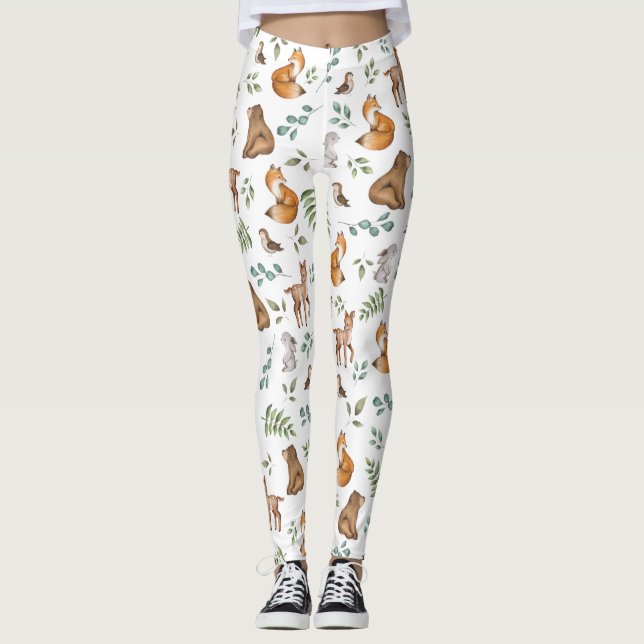 Forest Fable Woodland Animals Greenery Mönster Leggings (Framsida)