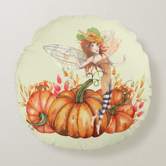 Forest Fairy & Autumn Pumpkin Bouquet Rund Kudde (Framsidan)