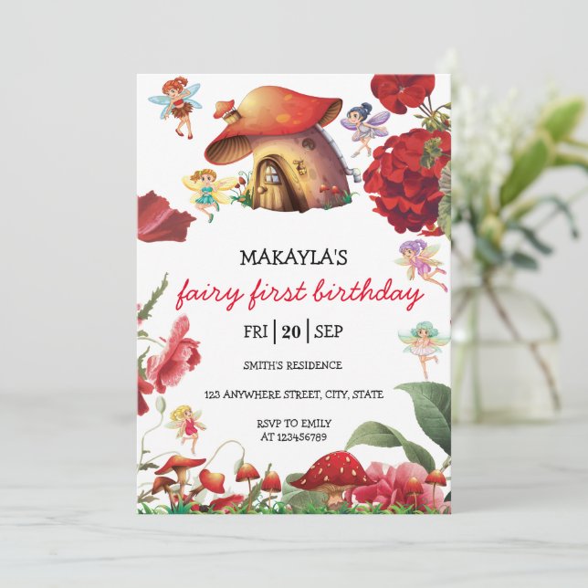 Forest Fairy Red Blommigt Girl Birthday Inbjudningar (Stående Fram)