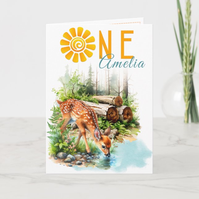 Forest Fawn Woodland First Birthday Card Kort (Framsida)