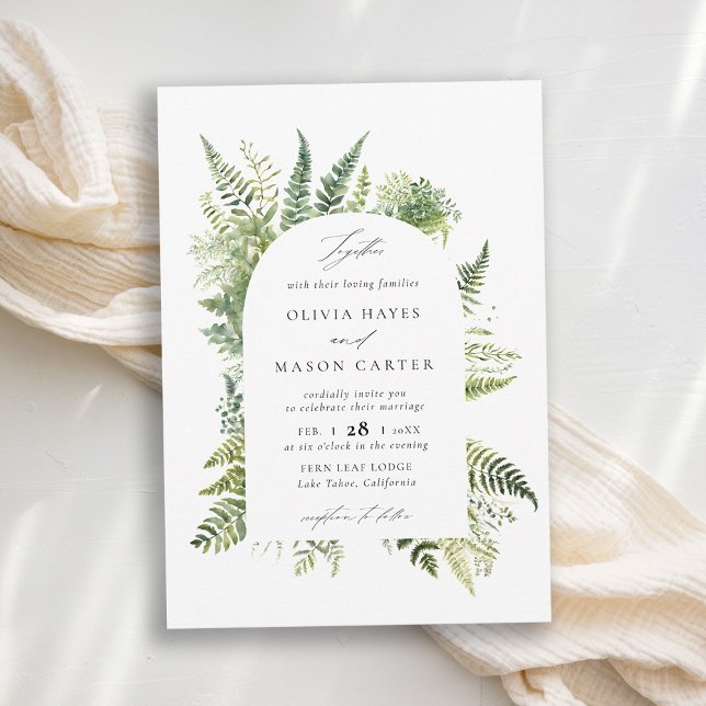 Forest Fern Mountain Woodland Arch Elegant bröllop Inbjudningar (forest wedding invitation woodland fern botanical boho arch elegant rustic mountains outdoors nature)