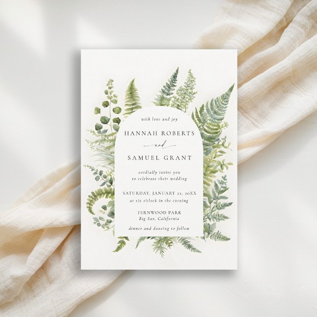 Forest Fern Mountain Woodland Arch Modern Bröllop Inbjudningar (forest wedding invitation woodland fern botanical boho arch elegant modern mountains outdoors nature)