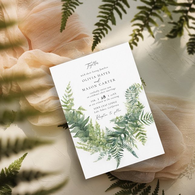 Forest Fern Mountain Woodland Chic Elegant bröllop Inbjudningar (enchanted forest wedding invitation botanical frame ferns outdoors mountains nature garden whimsy)