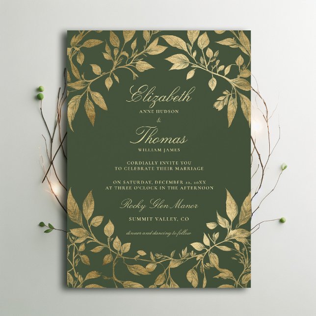 Forest Foliage Botanical Elegant Script Wedding Inbjudningar (Moody Forest Foliage Frame Modern Classic wedding invitation emerald green gold elegant)