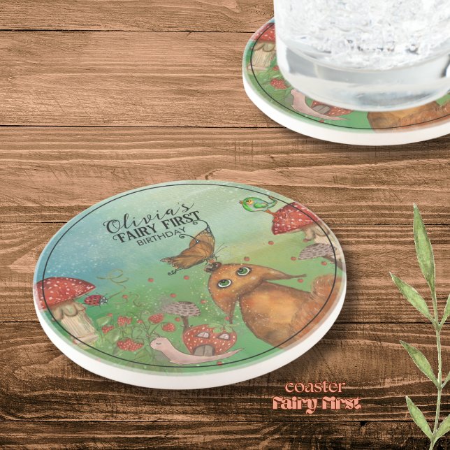 Forest Fox , Snigel Fairy First Birthday Underlägg (Forest Fox , Snail Fairy First Birthday Coaster)
