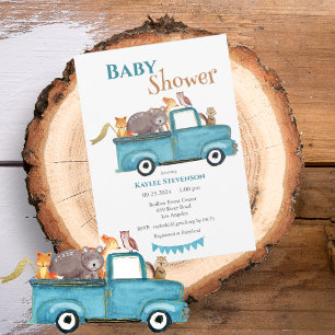 Forest Friends Watercolor Blue Baby Shower Inbjudningar