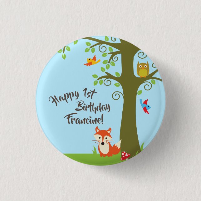 Forest Friends Woodland Cute 1st Birthday Party Knapp (Framsida)
