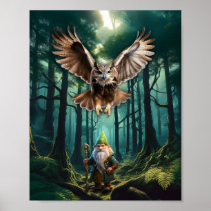 Forest Gnome med hans förskräckta Uggla-väktare Poster